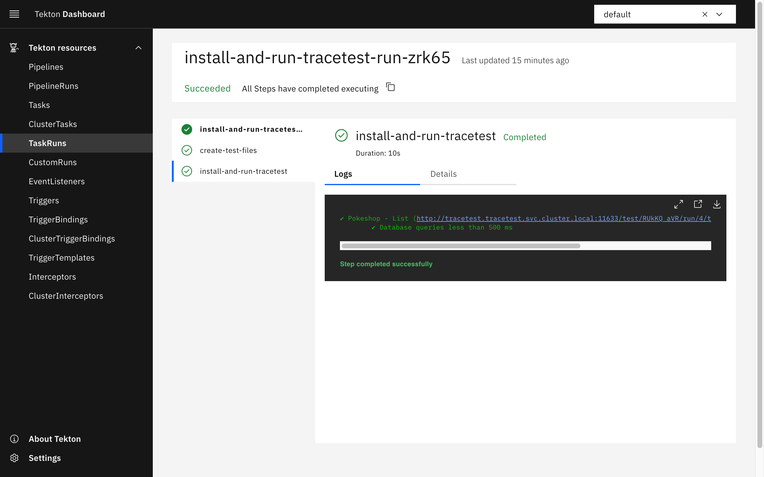 Tekton Dashboard TaskRuns